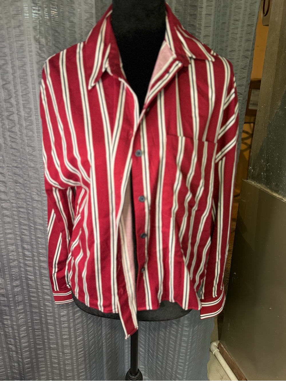 Bershka Burgundy Striped Button-Up Blazer